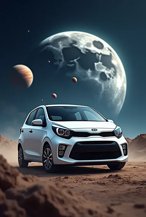 A Kia Picanto cosmo, color white,  around the image have planets and stars, the car is heading to the moon, 4K, lens 35mm, dirt and dirty background