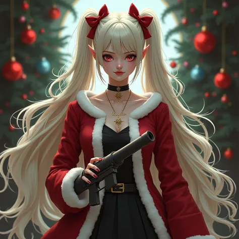 a woman holding a cannon , with vampire color of skin with two pony tails hair long to the ground blonde color, with a necklace with the name "LAYLA" written on it. Dressed as santa claus school girl with chrismast theme background yung parang tao Sana  na...