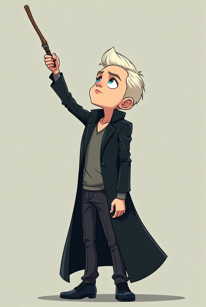 Draco Malfoy in full height looking up and holding his wand up, in cartoon style 