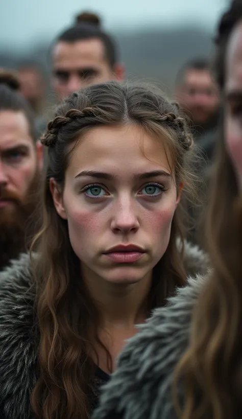 A close-up portrait of a young woman in the midst of Viking men. The womans face is clear and detailed, with her expression calm or contemplative. The background shows the rugged Viking environment, but the focus remains on the woman’s face, highlighting h...