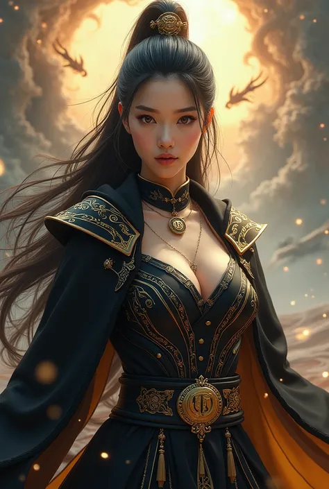 A korean girl that looks like a dragon warrior with a black and gold clothes with a cape and holding a sword and a logo "DDRAGONS" on her clothes, the background should be mystical and with dragons. She has a necklace with "Pen" imprinted. She was facing t...