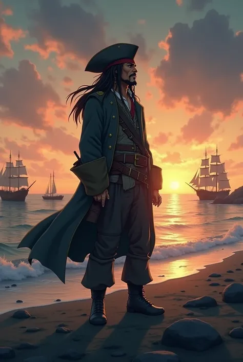 Jack Sparrow in a bay at dusk in a very distant shot of him about 100 meters away looking towards the horizon with a Japanese anime style from the 90&#39;s