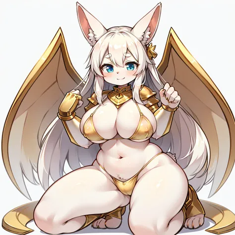 A plump female bunny, Fluffy white hair. Wearing simple and stylish gold bikini armor. . Kneel and squat，Full body portrait，Expression smile，Large Breasts，Pure white background，Open your legs，
