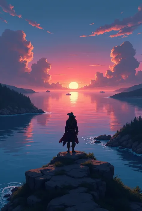 Jack Sparrow in a bay at dusk in a very distant aerial shot looking towards the horizon with a Japanese anime style from the 90&#39;s