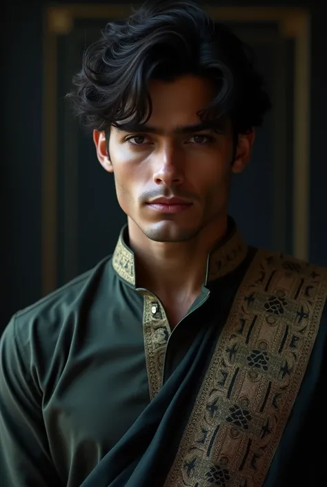 A  young model man , ,Hair like Bruce Wayne from Batman begins, With Indian clothes like kurta wearing 
