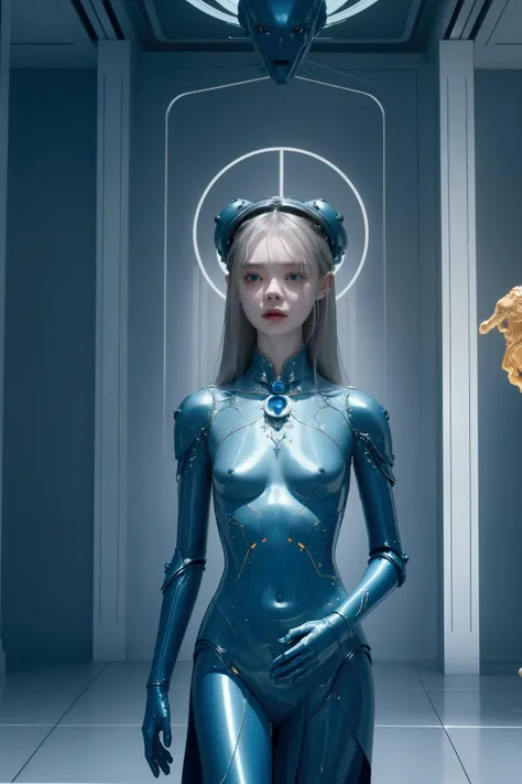 there is a woman standing in a room with a lot of alien statues, elle fanning as an android, 2 0 2 1 cinematic 4 k framegrab, james jean and fenghua zhong, eiko ishioka, promotional still, porcelain, björk, machina --ar 16:9  