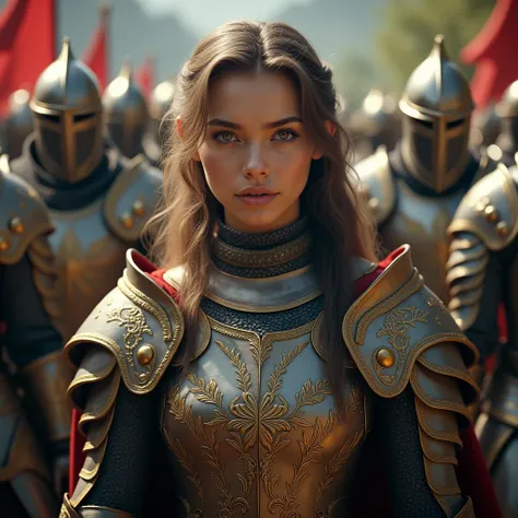 a beautiful female knight captain leading a fantasy knight order, extremely detailed, highly detailed facial features, intricate armor and clothing, majestic and regal, beautiful and graceful, awe-inspiring, cinematic lighting, dramatic atmosphere, vivid c...