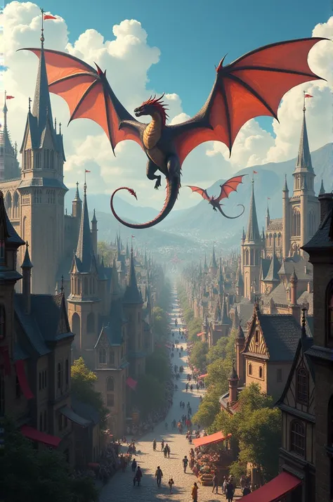 Can you generate an image of a fantasy city with dragons flying overhead?"