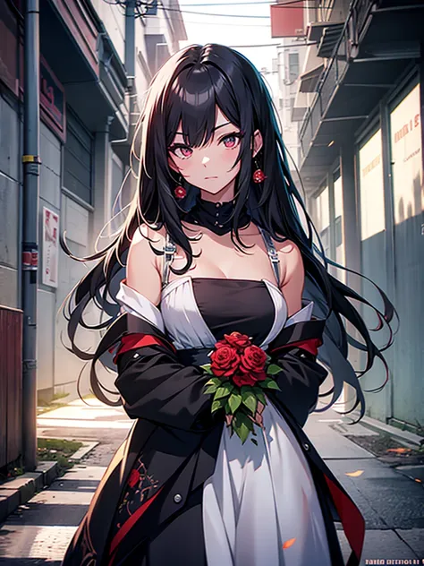 anime girl with long black hair and a white dress with red roses, tattoo, detailed beautiful eyes, guweiz, guweiz on pixiv artst...