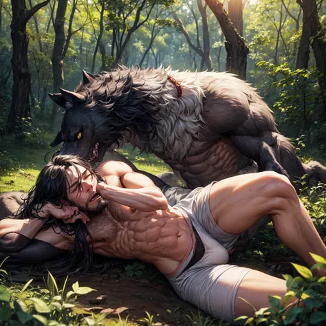 A man in the woods mid werewolf transformation on the ground in a full diaper in pain his muzzle pushing out