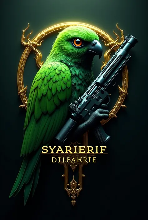 The or emblem has a bird and futuristic theme, there is a picture of a green greater leafbird blackface bird holding a gun, the body looks real. There is the word "Syarif Alqdrie" written at the bottom of the logo. The logo is realistic, 15D and full color...