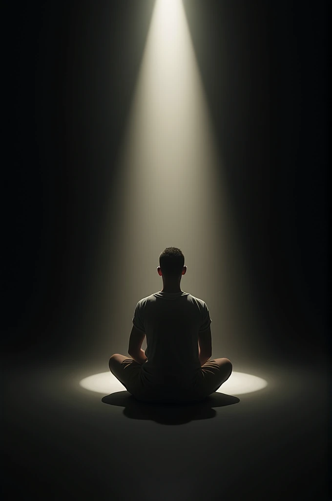 Black Background  where white light coming from the center where a looser man is sitting with folded knees 