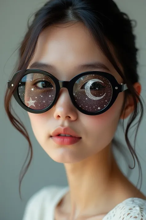 The model is wearing glass sunglasses with stars and the moon on the glass