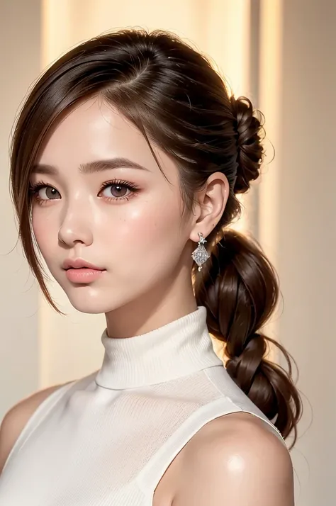 ((Highest quality)), ((masterpiece)), (High-definition photos), (upper ponytail, french braid), (Blonde), (bangs),  (beautiful girl:1.3), False eyelashes, (earrings), white sleeveless turtleneck dress with a ribbed texture and a bodycon fit, (white skin), ...