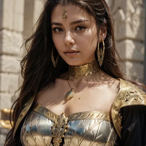 dark flowing hair, intricate armor with detailed patterns, large gold pendant necklace, matching choker, hoop earrings, natural lighting, soft shadows, concentrated environment, close-up angle, sharp focus, blurred background, well balanced exposition.