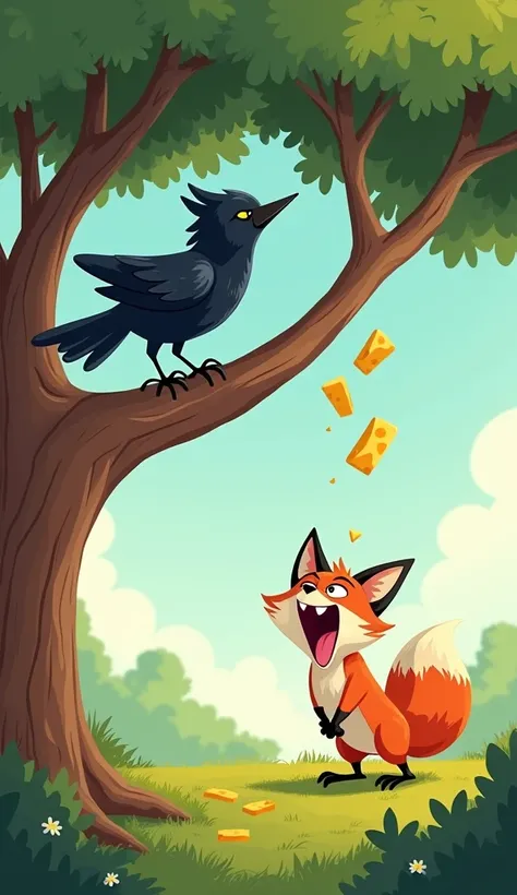 
The scene shows the crow is on a tree and the moment the crow opens her beak to sing, with the cheese starting to fall from her mouth. The crow’s wings are slightly spread as she prepares to sing, her eyes closed as if she’s focusing on her song. The chee...