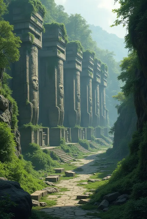 A huge ancient temple, Faceless God々Huge stone statues lined up, Being invaded by forests,  