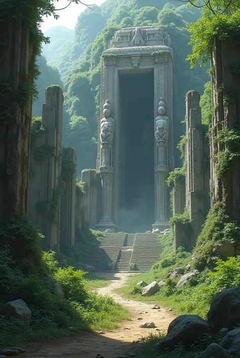 A huge ancient temple, Faceless God々Huge stone statues lined up, Being invaded by forests,  