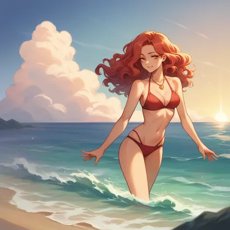 A young 2 woman standing on a beach during a stunning sunset. She has a captivating yet innocent gaze, with relatively long, black, and wavy hair cascading down her shoulders. She wears a sensual red bikini that highlights her figure, and around her neck, ...