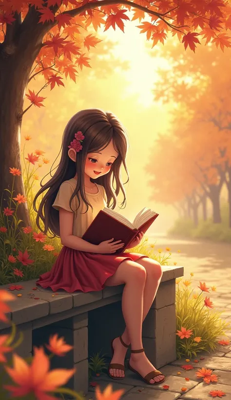 Flower background,Cute girl with flower book, sitting in stone bench, autumn season, happy smile cute face.
Masterpiece, Long Hair, Smile, Image Fill