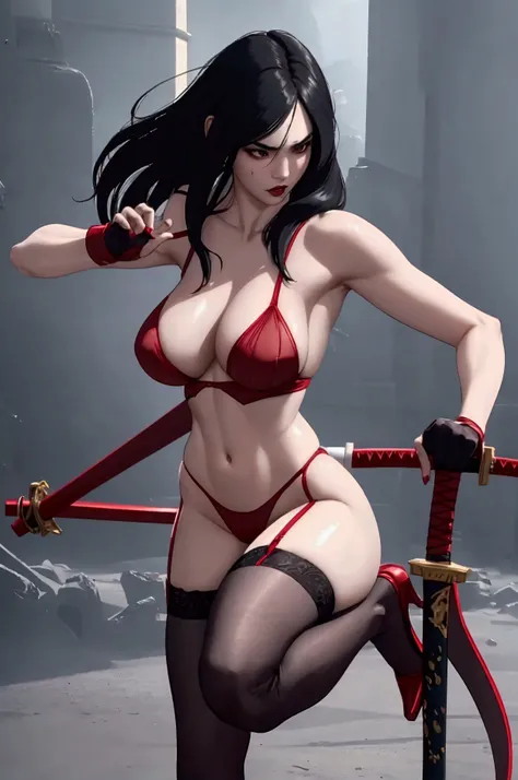 A beautiful asian female warrior in torn RED lingerie, pale skin, athletic body, seductive see through micro lingerie, dark black hair, F Cup Breast, confident and seductive pose, (best quality,4k,8k,highres,masterpiece:1.2),ultra-detailed,(realistic,photo...