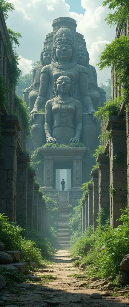 A huge ancient temple, Faceless God々Huge stone statues lined up, Being invaded by forests,  