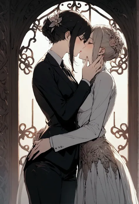 Two woman kissing in suits