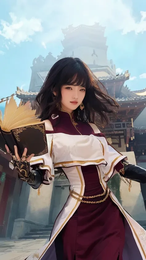 Flowing wavy hair, Medieval-style clothing with maroon and white accents, Fine embroidery, Gold belt chain, Black Gloves, Holding a gorgeous book, Stand confidently, Outdoor environment with traditional Asian architecture, bright  daylight, Clear blue sky，...