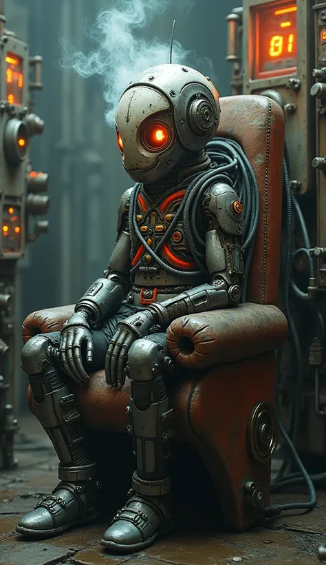 Futuristic cyberpunk humanoid with prosthetic limbs, an artificial brain encased in steel and clear plastic, intricate mechanisms with gears and valves emitting smoke and crackling electricity, sitting in a chair wired to massive 1970s sci-fi Soviet machin...