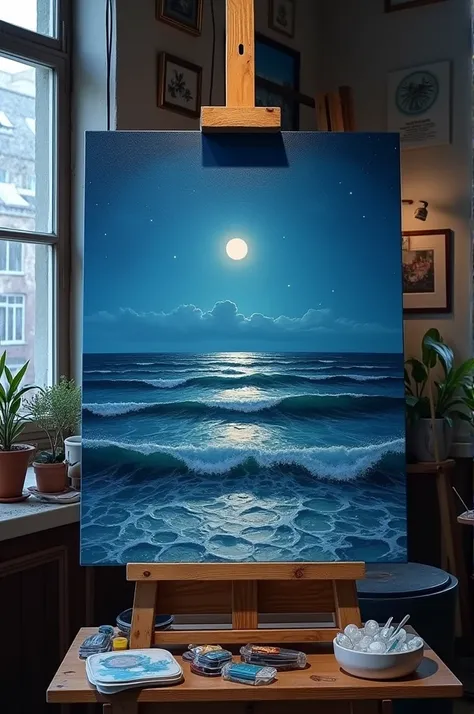 Photo realistic oil painting of a sea landscape at night in an art studio