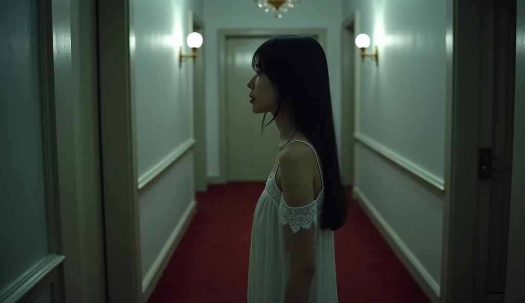  close-up profile shot captures an Asian woman standing still in a dimly lit hallway at midnight. She wears a delicate white nightgown with intricate lace detailing, and grey slippers, her long, straight black hair cascading over her shoulders. The soft, f...