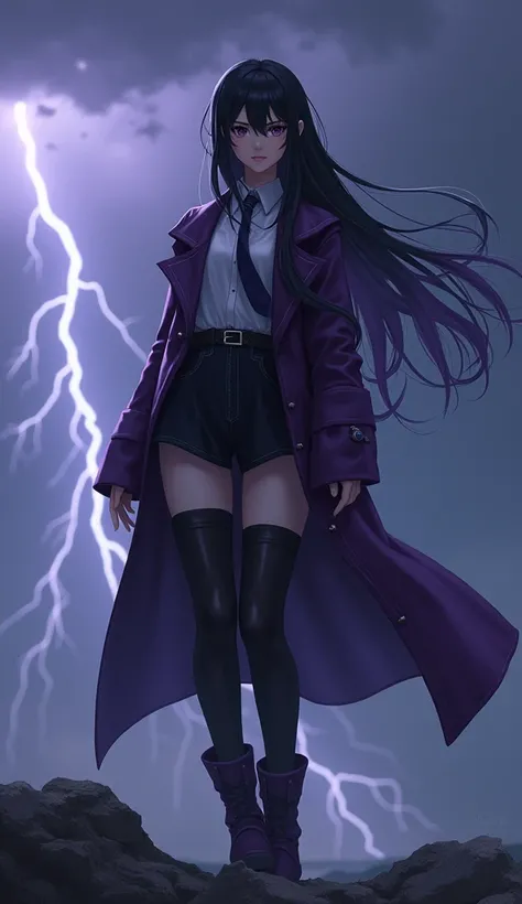 Photorealistic、8k、Depiction of realistic people、Shiden（Shiden）A full-body portrait of a woman。She is wearing a purple coat and boots、Her hair has a gradient from black to purple.。There&#39;s thunder in your eyes、I can see her abilities welling up from with...