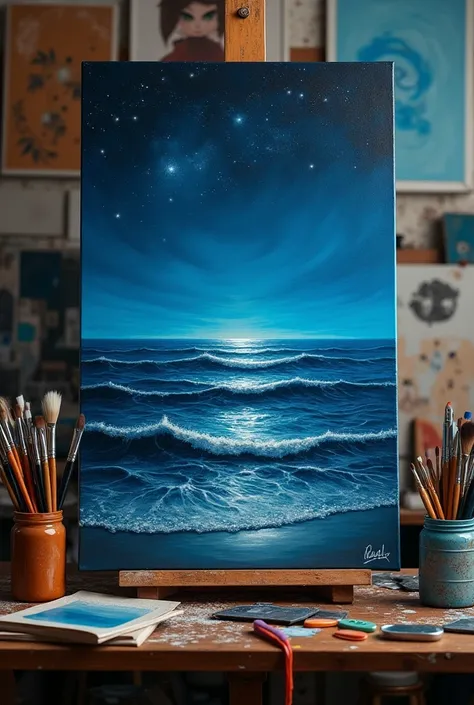 Photo realistic oil painting of a sea landscape at night in an art studio