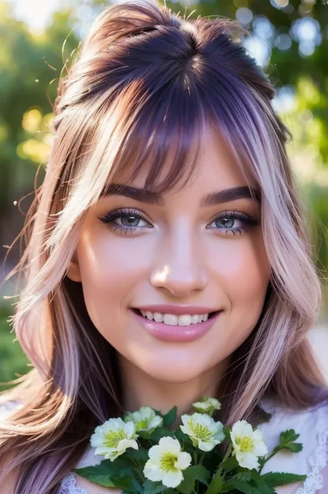 A happy Argentinian woman with a warm smile, beautiful detailed eyes, beautiful detailed lips, extremely detailed eyes and face, long eyelashes, smiling happily, floral dress, in a beautiful garden, lush violet foliage, sunlight filtering through the trees...