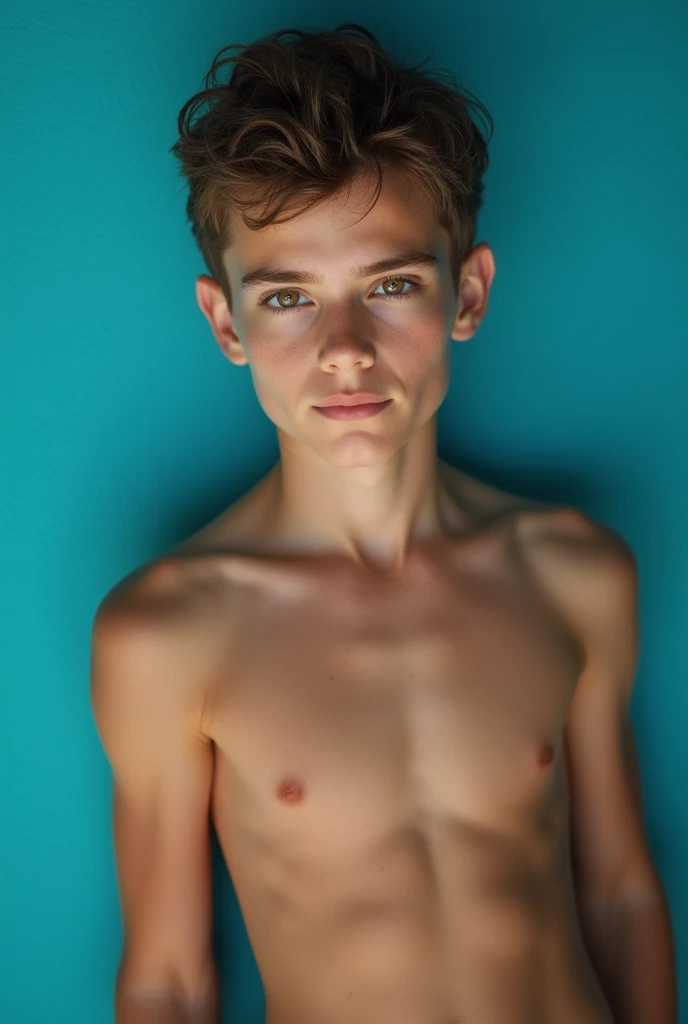 1 handsome young boy, Liam Aiken&#39;s rostrum photo, shirtless, sexy, on a blue background