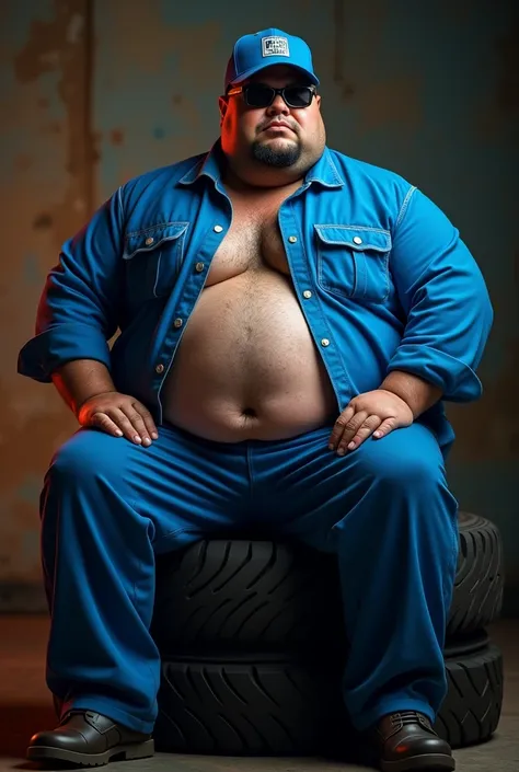 homem gordo de uniform blue, stocky, blue trucker boné, belly protruding sunglasses, uniform blue, sitting on a tire, Bulge, sensual lighting
