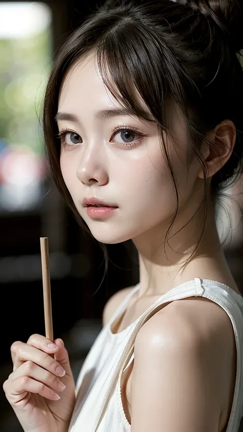 Bun hair, Ultra high resolution, (realistic: 1.4), raw photos, best quality, (Photorealistic Stick), Point of interest, soft light, (()), ((Japan)), (( (young face))), (textures), (depth of field), Masterpiece, (realistic), smooth, ((1 woman)), ((rift))