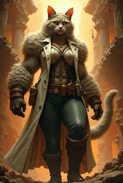 Personnage fantasy, femme-chat, tête de chat a la place de la tête, corps de géante et musclée, gros bras musclés, grosse, habit de médecin dépoque,  avec des fioles a la ceinture, tons orangés, realistic, photorealistic, epic fantasy, fantasy, Digital pai...