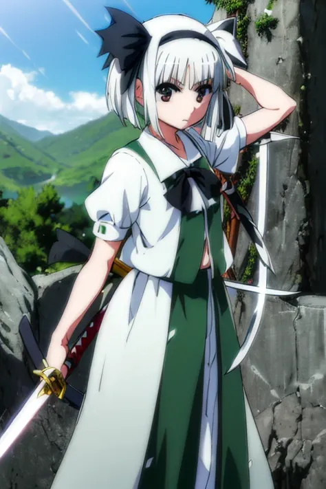 (((Konpaku Youmu, costume, sword, dual wielding, black ribbon)))