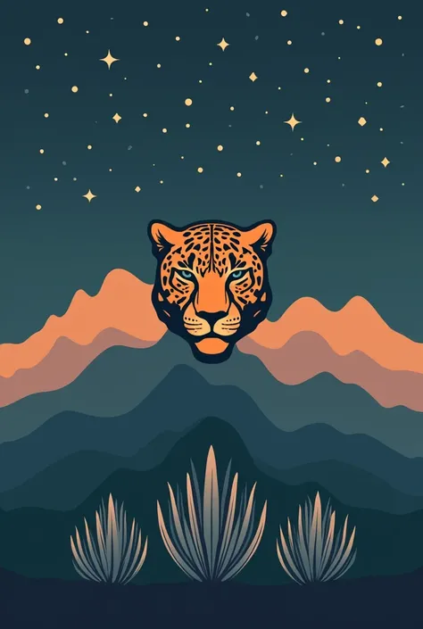 Minimalist logo Vector without background of Jaguar head, image-centric, with the starry Sonoran mountains in the background, and 3 agaves angustifolia