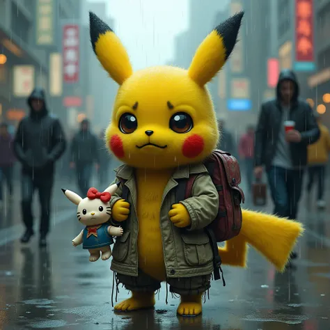 In heavy rainthropomorphic Pikachu，Fluffy hair，Fat stature，Big eyes，Cute，Wearing ragged clothes，Carrying a tattered backpack，The whole body is soaked，Dirty，Sad expression on face，Holding a Hello Kitty doll，Holding a microphone in hand。Background on a stree...