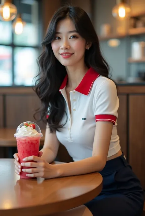 "Ultra-realistic images of K-Pop style women, A Korean beauty with long, wavy black hair. She is wearing a white polo shirt with a red collar., Navy Mini Skirt, White sneakers. She is having a strawberry Frappuccino at Starbucks.。