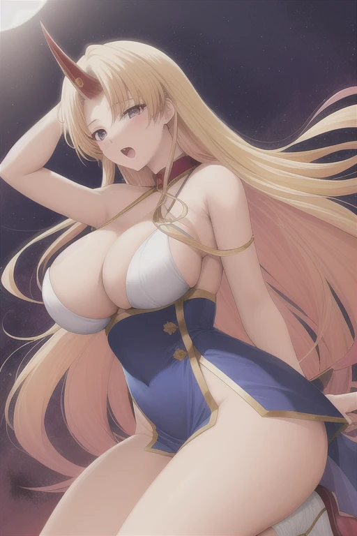 hoshiguma yuugi,1girl, solo, single horn, sakazuki,huge breasts, open mouth, long blonde hair