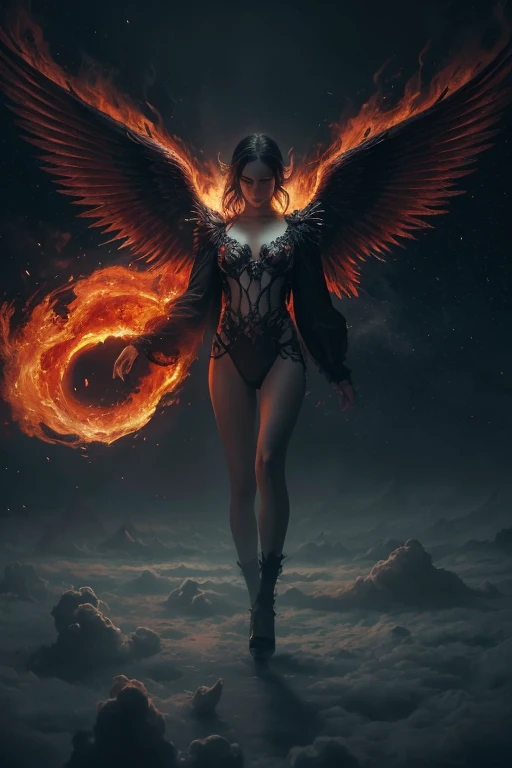 in the haunting image by rembrand, a fallen angel descends to earth in a whirlwind of fiery chaos. the painting captures the ang...