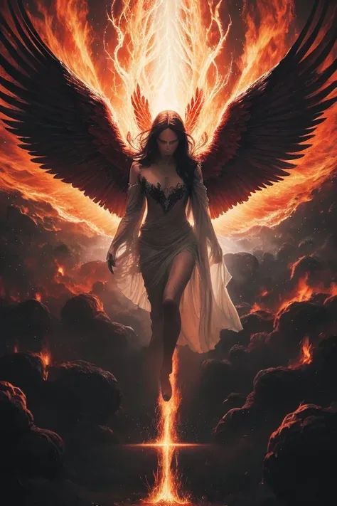 in the haunting image by rembrand, a fallen angel descends to earth in a whirlwind of fiery chaos. the painting captures the ang...