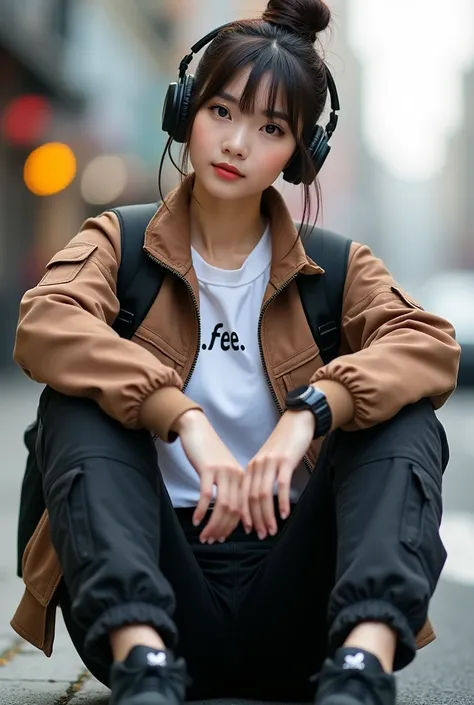 Beautiful Korean Women,smooth white skin, well-groomed face, ekspresi cool,Korean-style Up Bun hairstyle.  bangs ,brown bomber jacket ,,arms bent at elbows,,, White shirt, logo ( feel), black cargo pants, the one with lots of pockets,, black sneakers ,back...