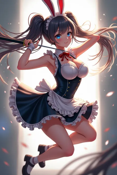 One girl, Long Hair, blue eyes, Twin tails, とてもLong Hair, Anatomically correct, Ahoge, Large Breasts, Bunny ears, ribbon, Sparkle Effect,  abstract expressionism, Sexy maid outfit、Trying to pull out the sword、Jumping and smiling, Her panties are showing