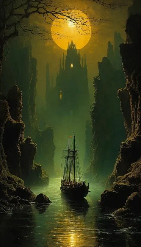 Charon sailing the mysterious waters of the River Styx, An old ferry glowing under the ghostly light, The shadow of a lost soul stretching into oblivion, Pillars of the underworld visible in the distance, Immerse yourself in the style of John Atkinson Grim...