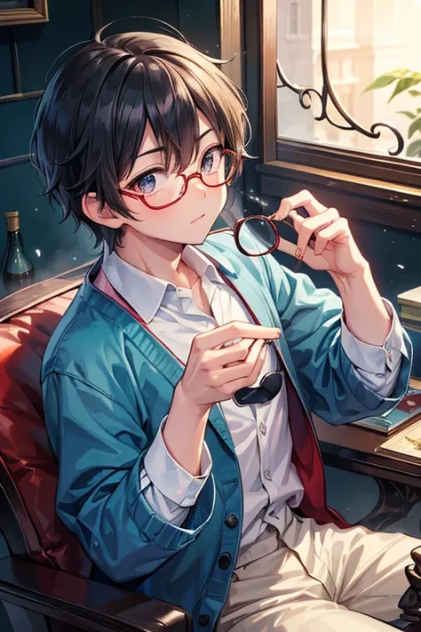 Faithfully reproduces the action of putting on glasses, Magical moments, 着物
break: He turns to the viewer, Look up at the camera, Trying to gauge his mood., 
break, clear and attractive eyes, 
break (Dynamic shot from the side:1.1, Eye-level shot), 