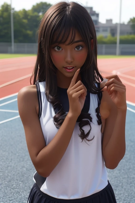 (((( one girl )))), Put your hand over your mouth、Beautiful breasts、 Brown eyes, ((Gal Hairstyles)) blonde, girl, (Eye and facial details:1.0), break, (masterpiece, Highest quality, Very detailed, Detailed face, 8k),( dark skin:1.8 ), (((( track and field ...